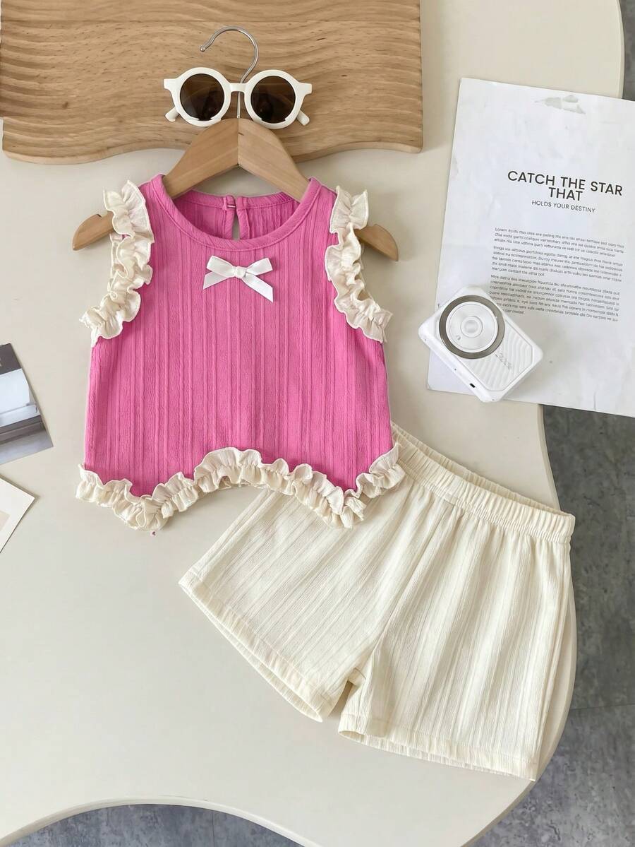 Light Green Vest Top And Apricot Shorts Set For Toddler Girls Vacation Wear