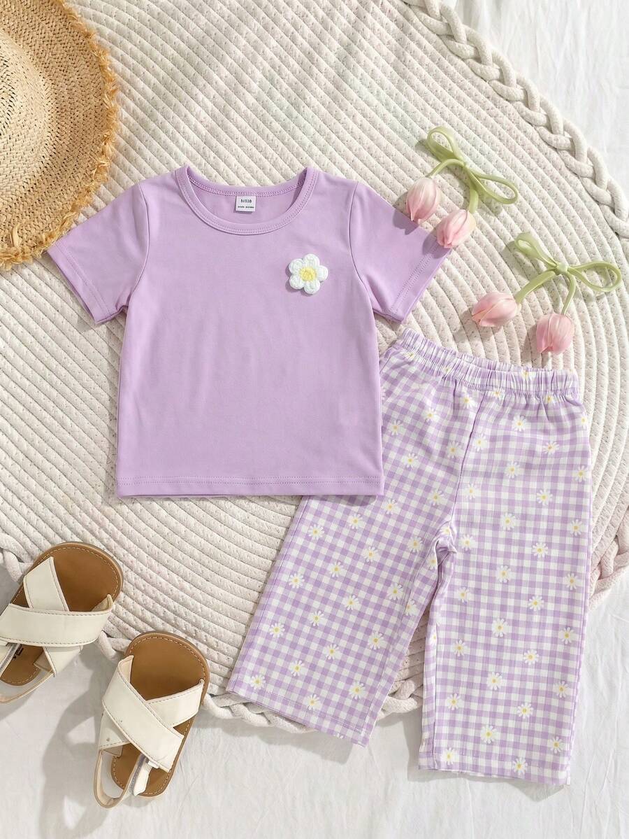 3D Floral T Shirt And Plaid Pants Set For Baby Girls Casual Cute Outfit