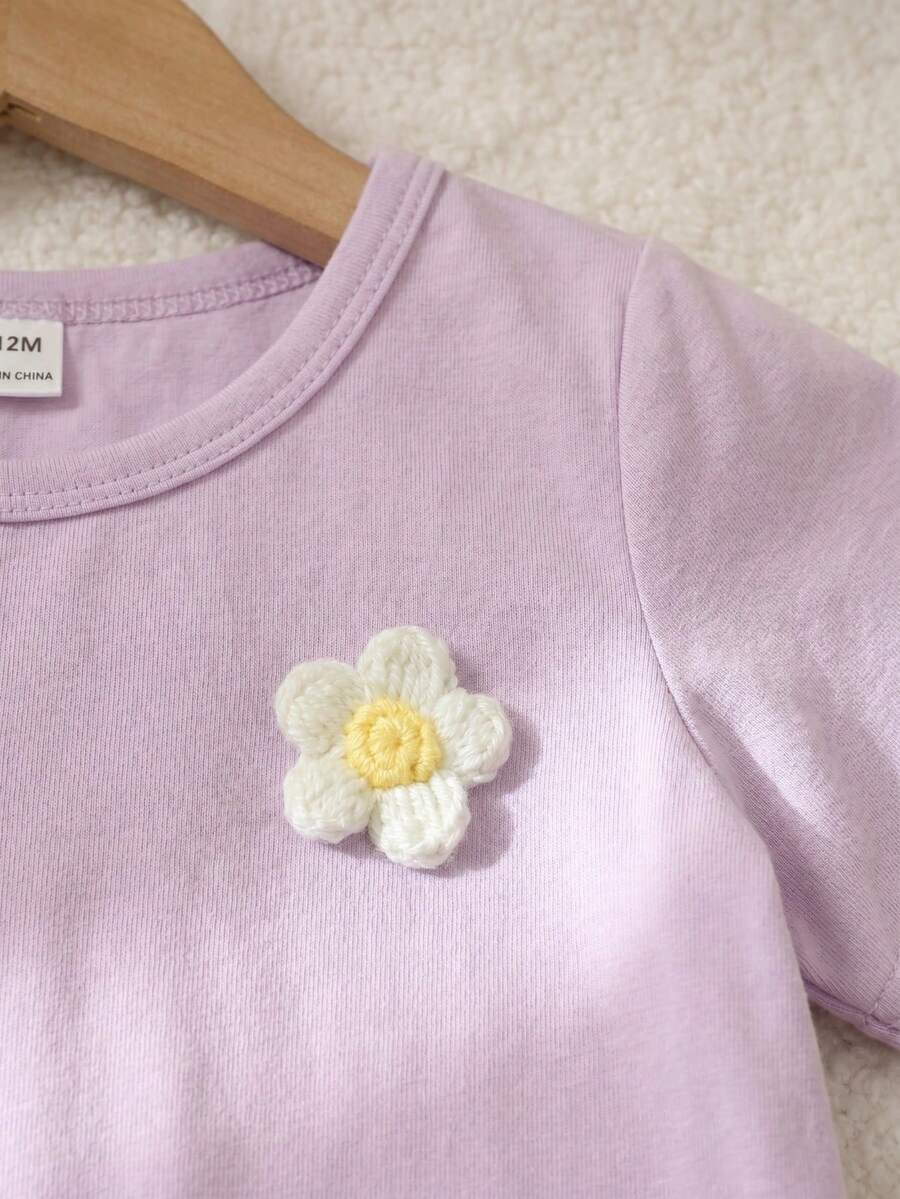 3D Floral T Shirt And Plaid Pants Set For Baby Girls Casual Cute Outfit