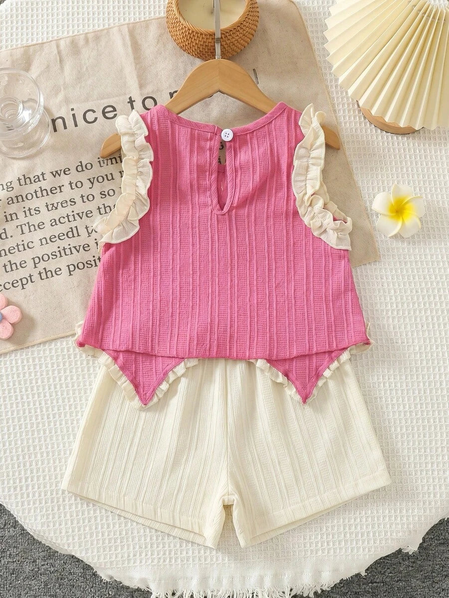 Light Green Vest Top And Apricot Shorts Set For Toddler Girls Vacation Wear