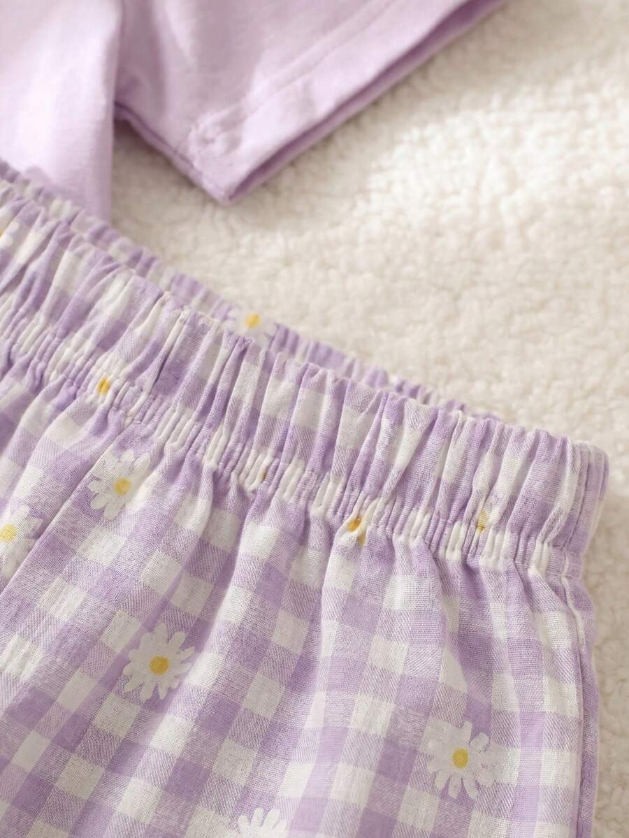 3D Floral T Shirt And Plaid Pants Set For Baby Girls Casual Cute Outfit