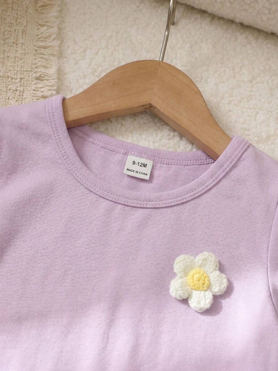 3D Floral T Shirt And Plaid Pants Set For Baby Girls Casual Cute Outfit