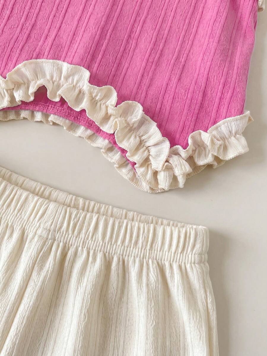 Light Green Vest Top And Apricot Shorts Set For Toddler Girls Vacation Wear