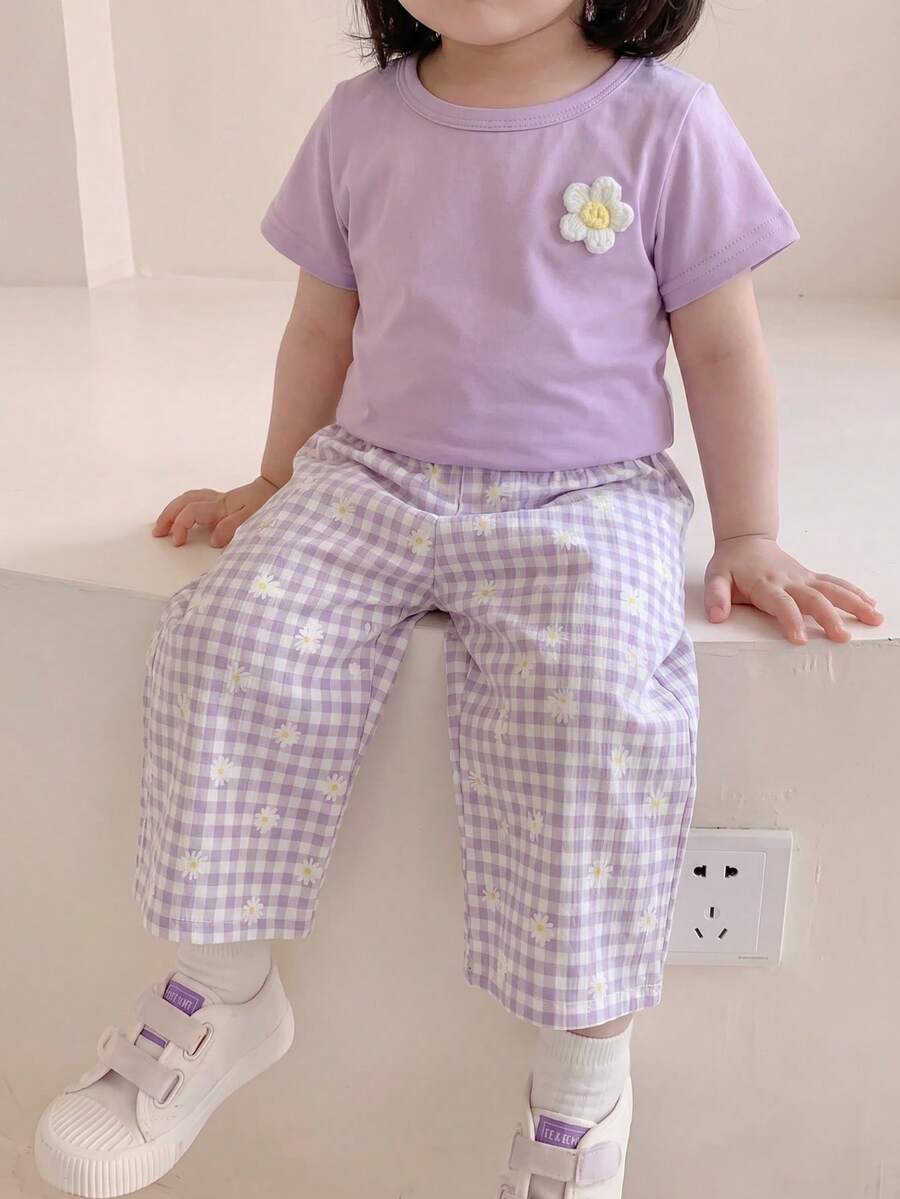 3D Floral T Shirt And Plaid Pants Set For Baby Girls Casual Cute Outfit