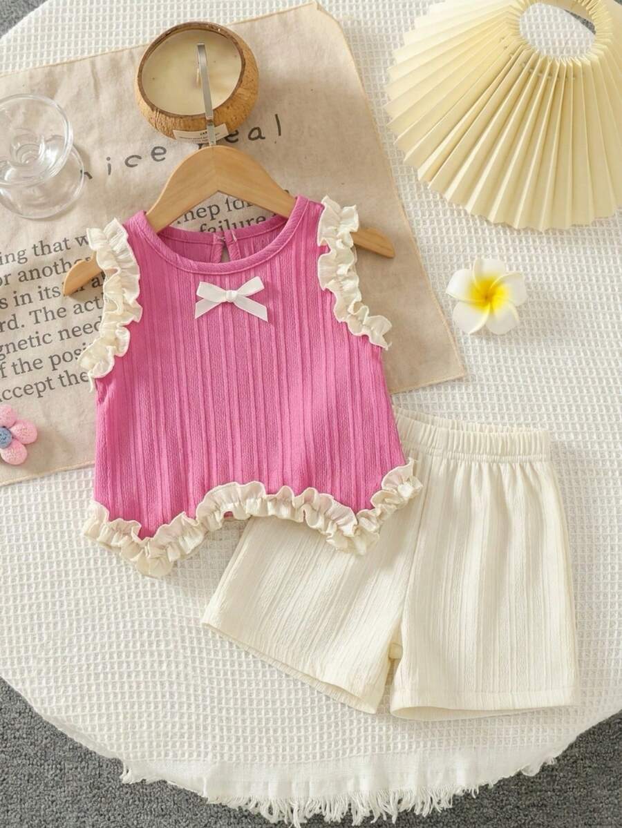 Light Green Vest Top And Apricot Shorts Set For Toddler Girls Vacation Wear