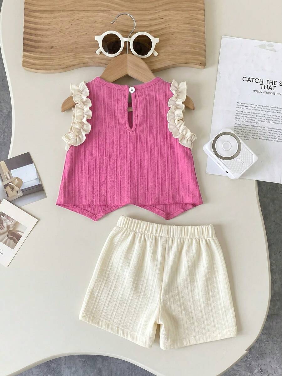 Light Green Vest Top And Apricot Shorts Set For Toddler Girls Vacation Wear