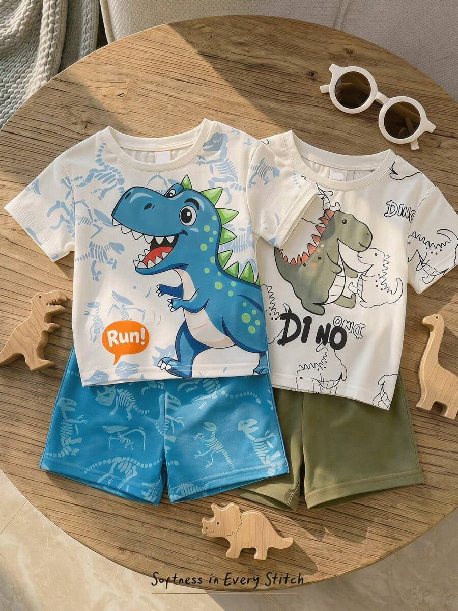 Baby Boy Animal Crayon Print T Shirt and Knitted Shorts 2 Piece Casual Spring Summer Outfit Set