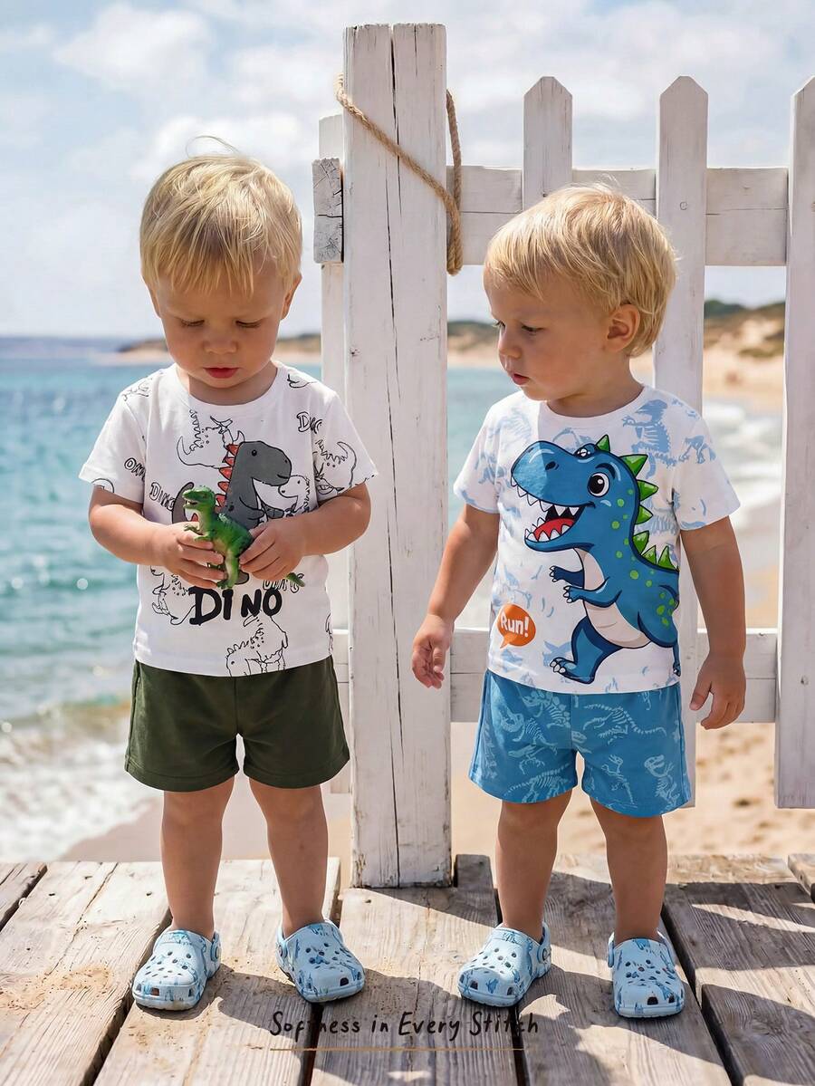 Baby Boy Animal Crayon Print T Shirt and Knitted Shorts 2 Piece Casual Spring Summer Outfit Set