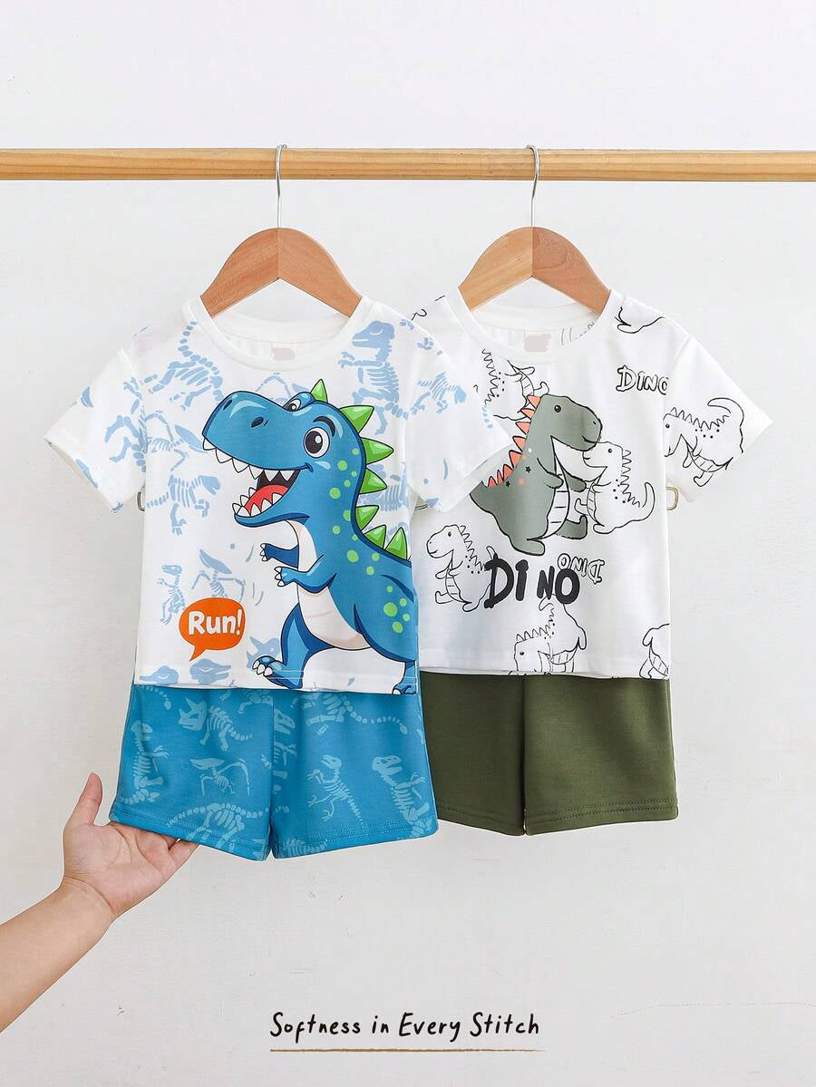 Baby Boy Animal Crayon Print T Shirt and Knitted Shorts 2 Piece Casual Spring Summer Outfit Set