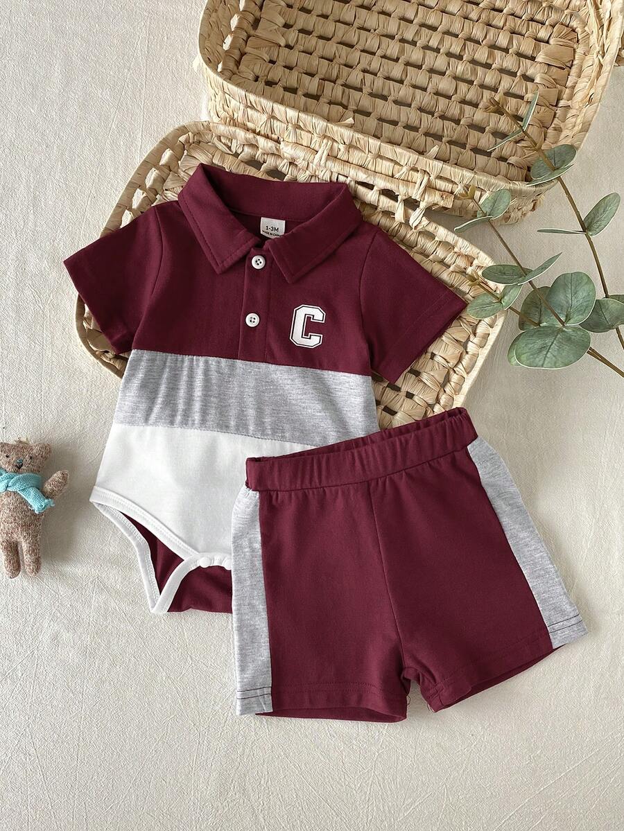 Baby Boys Colorblock Polo Collar Bodysuit and Shorts Set for Casual Summer Wear