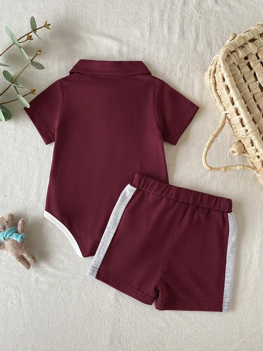 Baby Boys Colorblock Polo Collar Bodysuit and Shorts Set for Casual Summer Wear
