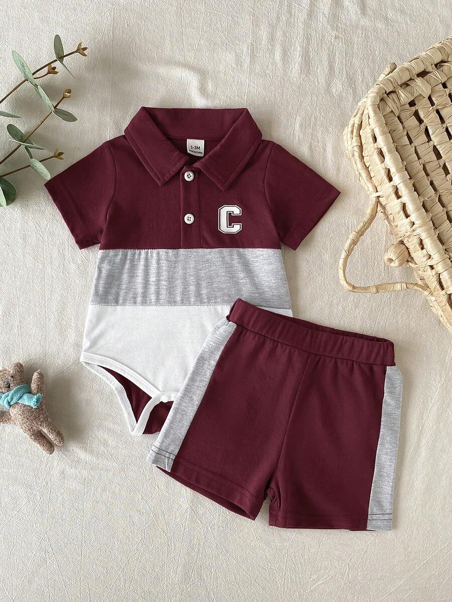 Baby Boys Colorblock Polo Collar Bodysuit and Shorts Set for Casual Summer Wear