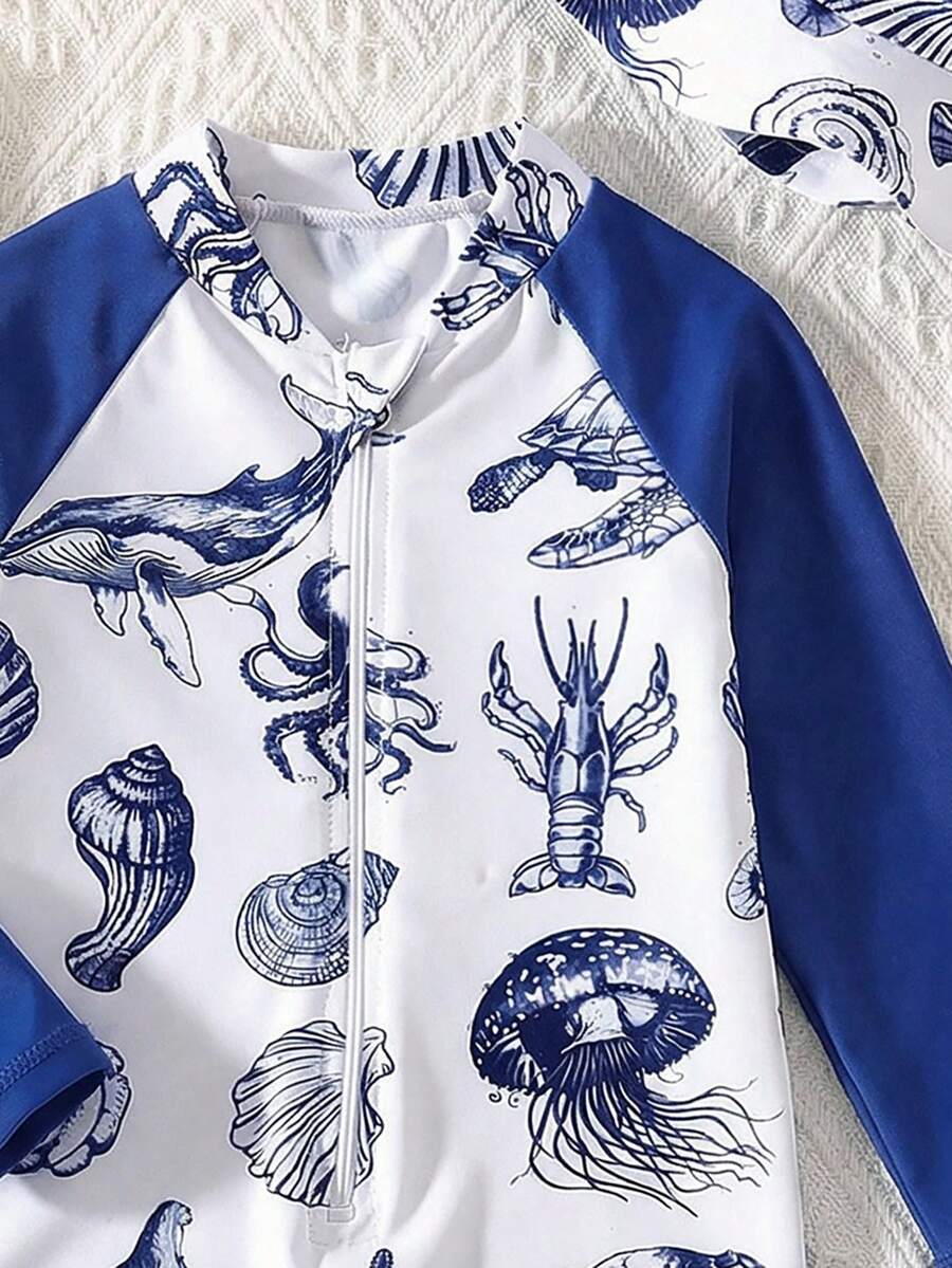Baby Striped Dolphin Print One-Piece Swimsuit for Beach Vacation and Pool Days