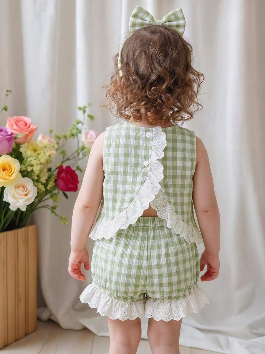 Plaid Bow Decor Outfit Set For Baby Girls Cute Ruffle Hem Summer Wear