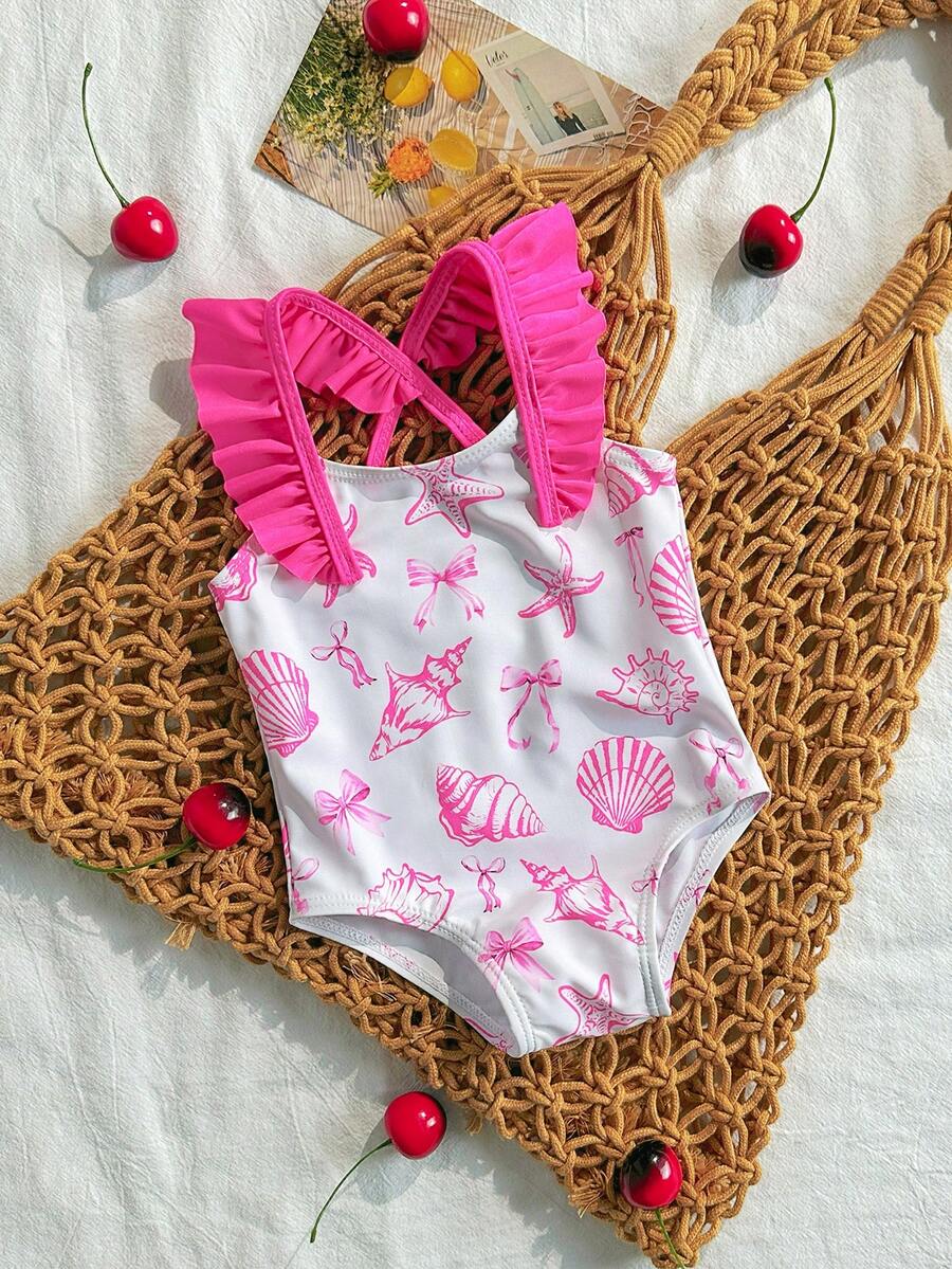 Baby Cherry Print Ruffle One-Piece Swimsuit for Vacation and Summer Play