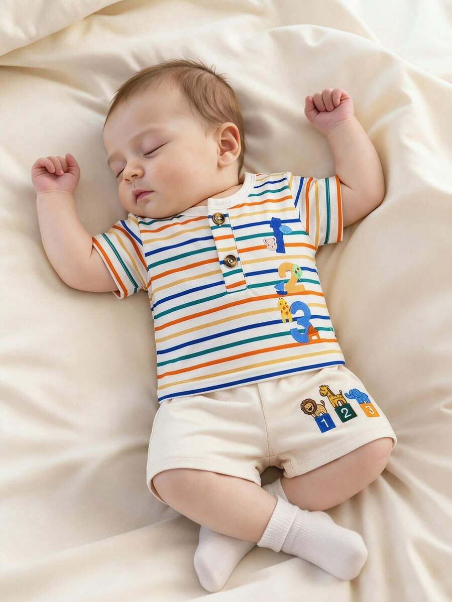 2PCS Baby Boy Coconut Tree Top and Dinosaur Shorts Set for Cute Summer Daily Wear