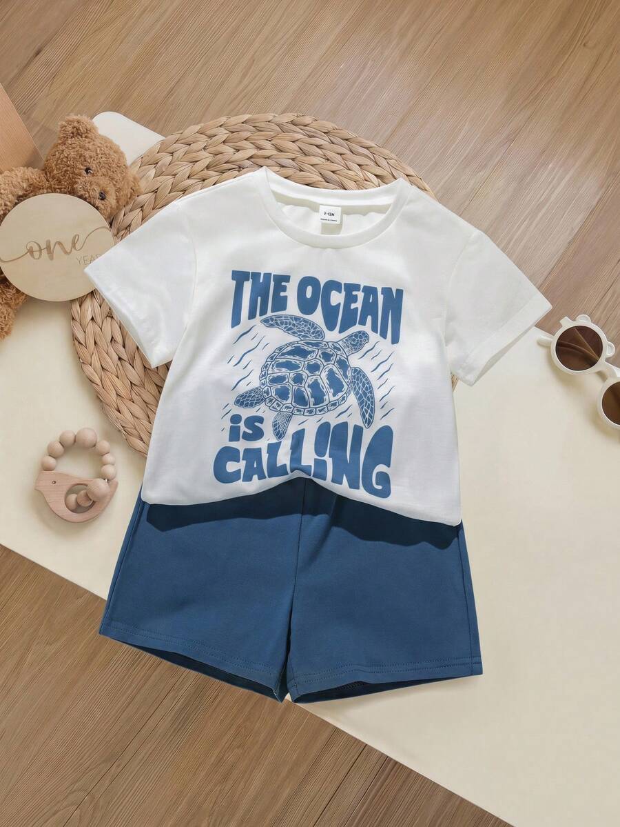 Baby Boy Animal Crayon Print T Shirt and Knitted Shorts 2 Piece Casual Spring Summer Outfit Set