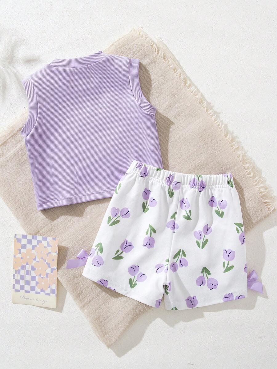 Baby Girl 2pcs Summer Blue Textured Top & Plaid Shorts Outfit