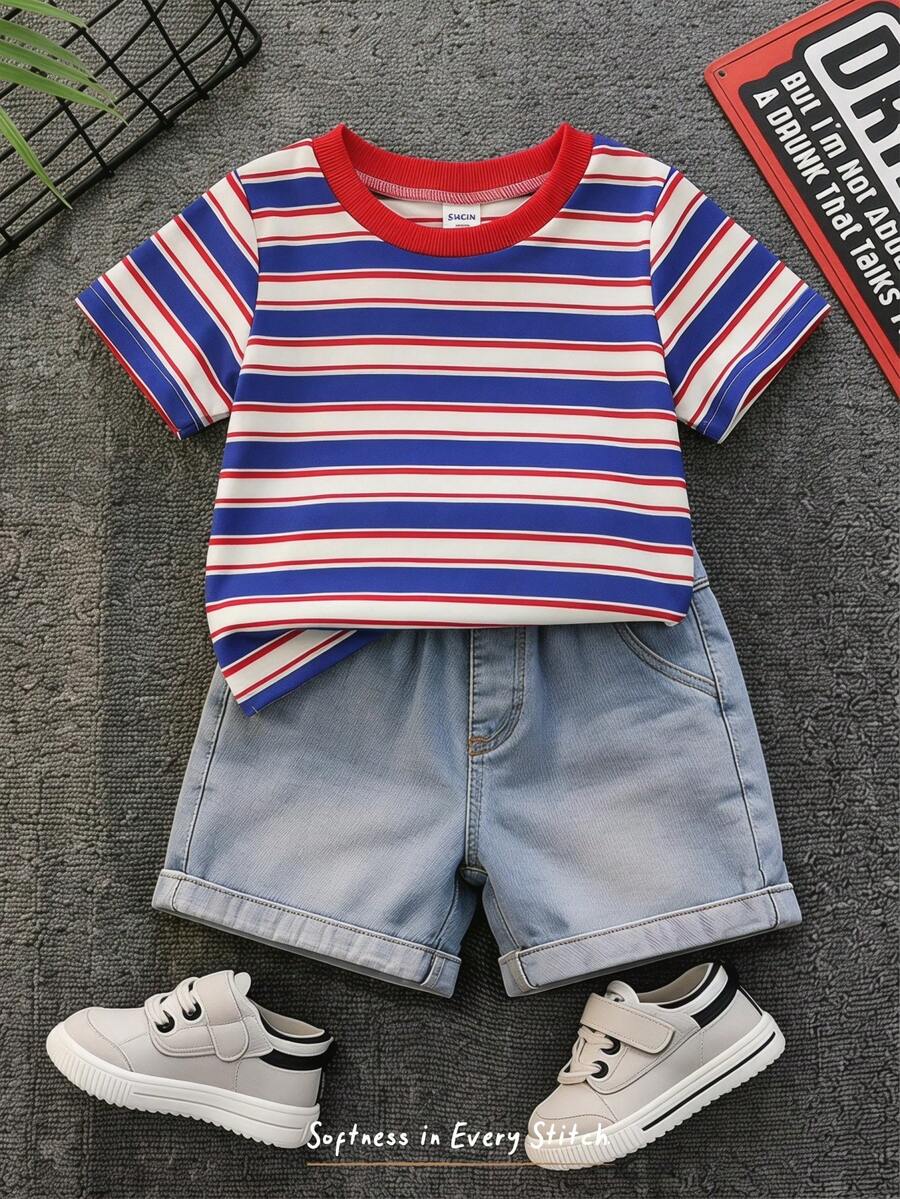 Baby Boy Black and White Striped T Shirt and Denim Shorts 2 Piece Casual Spring Summer Outfit Set