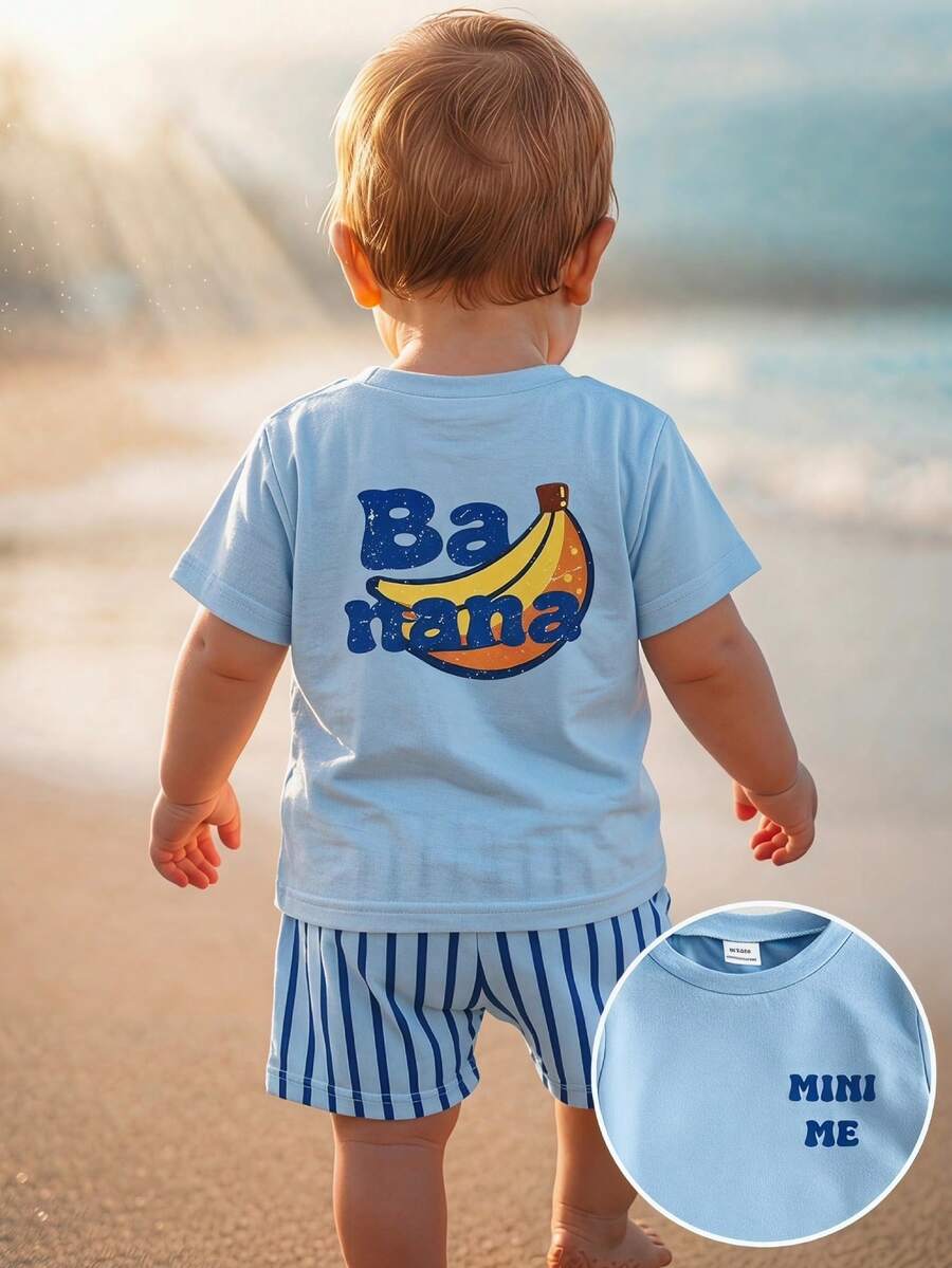 Baby Boy Sun Print T Shirt and Striped Shorts 2 Piece Summer Vacation Outfit Set