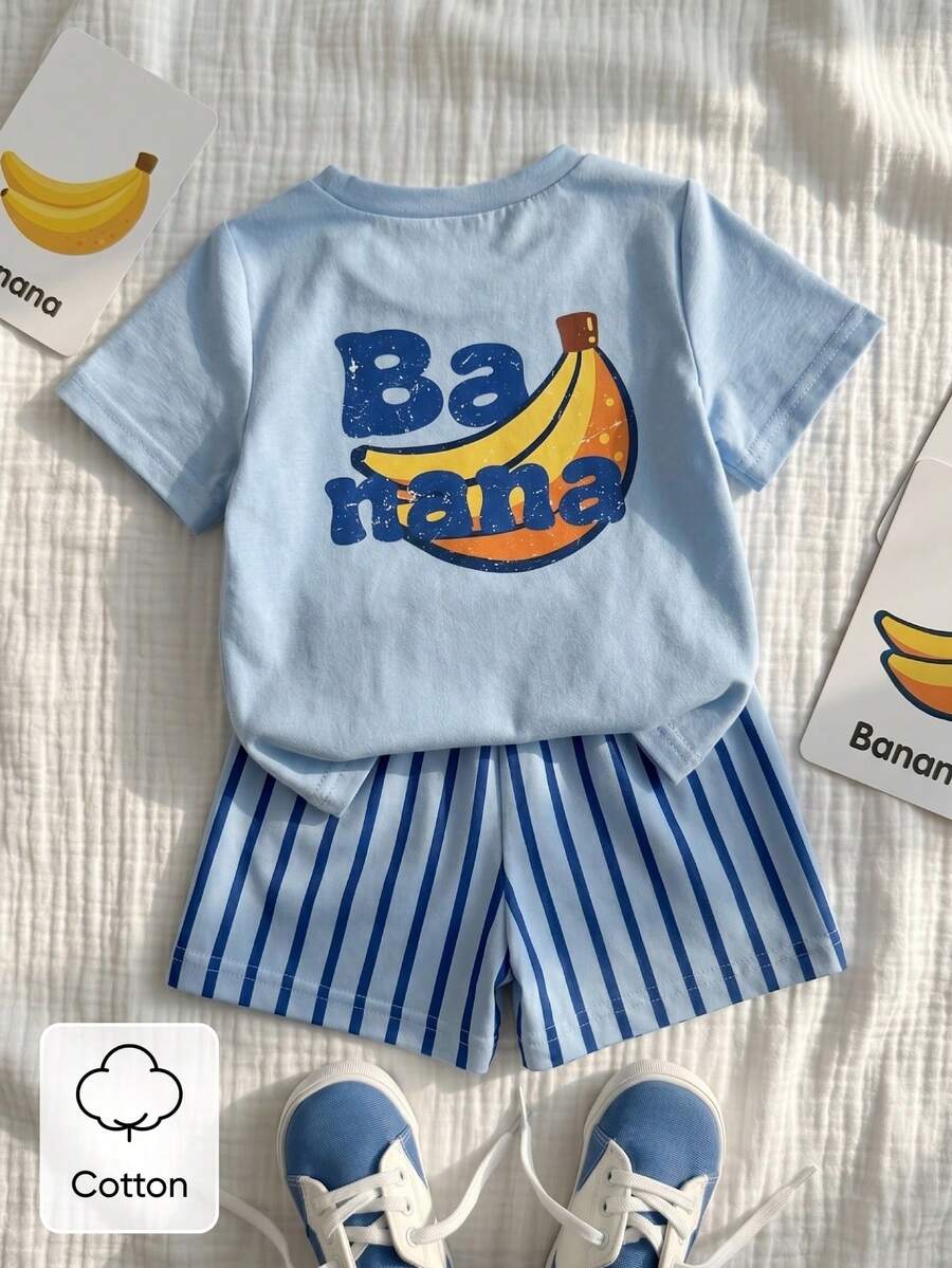 Baby Boy Sun Print T Shirt and Striped Shorts 2 Piece Summer Vacation Outfit Set