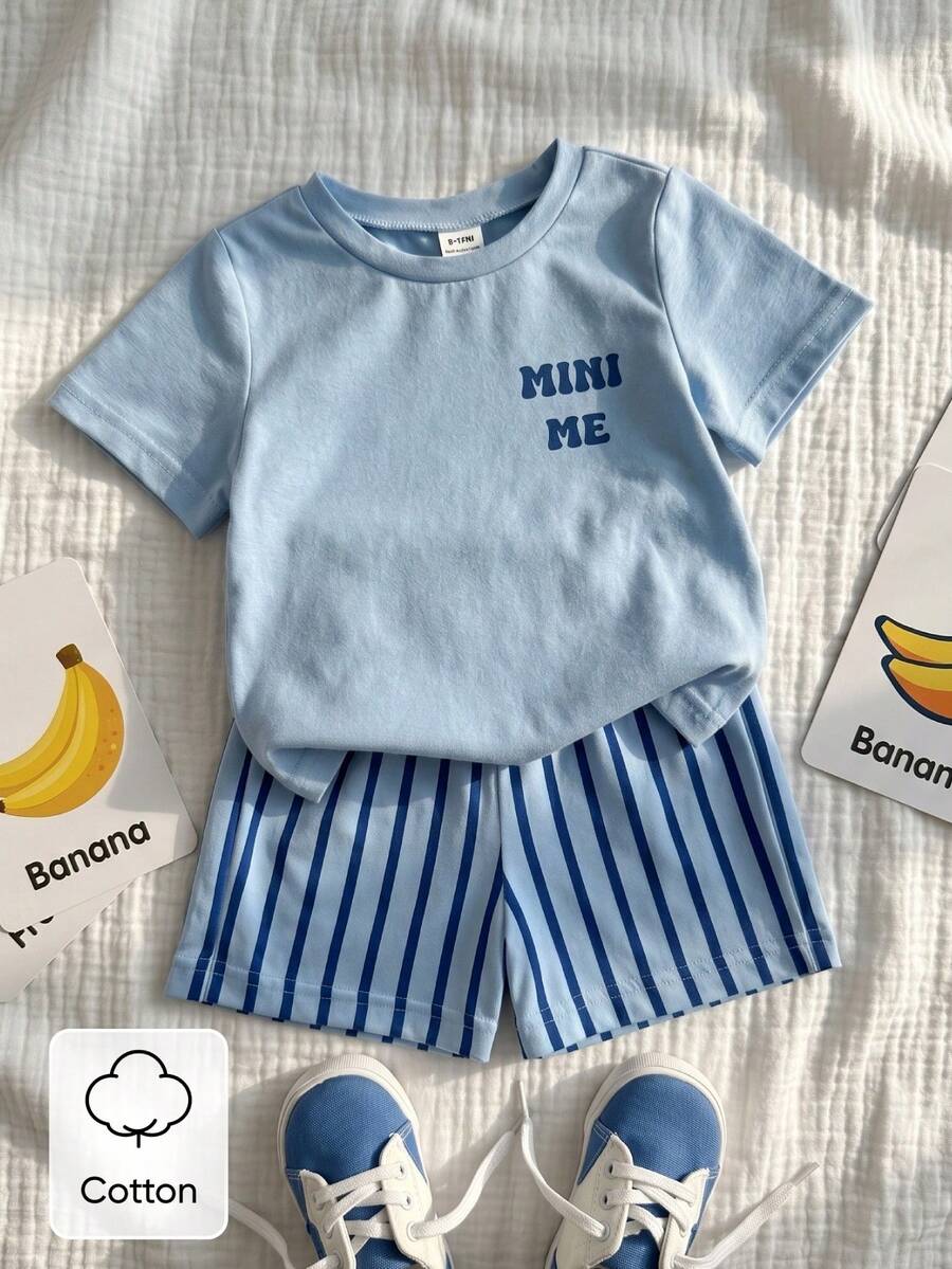 Baby Boy Sun Print T Shirt and Striped Shorts 2 Piece Summer Vacation Outfit Set
