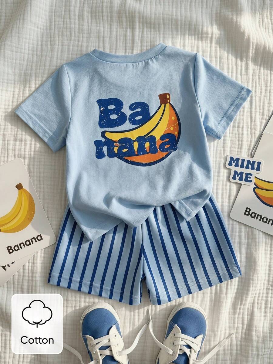 Baby Boy Sun Print T Shirt and Striped Shorts 2 Piece Summer Vacation Outfit Set