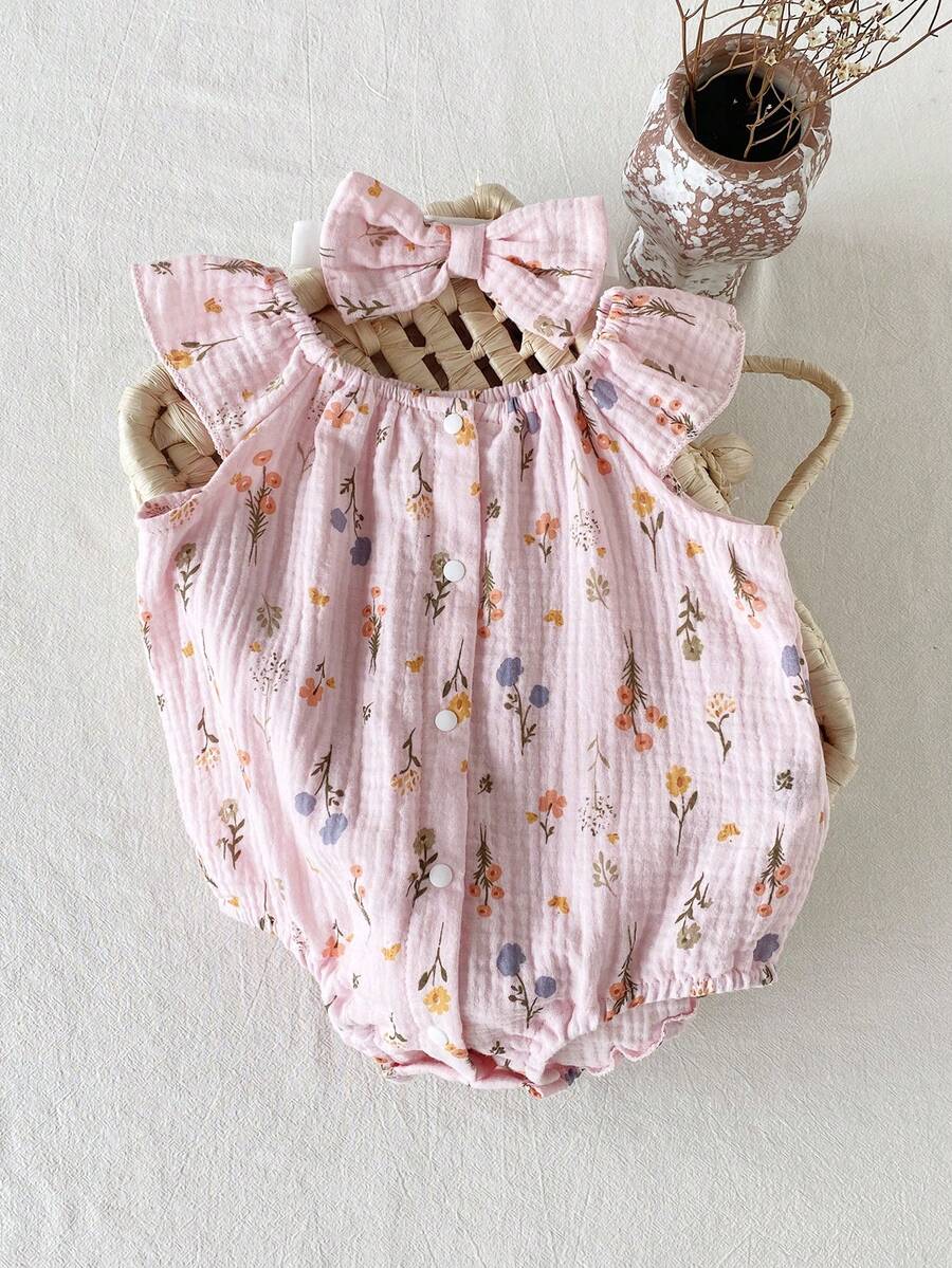 Baby Floral and Grass Print Ruffle Sleeve Romper with Headband for Summer Outings