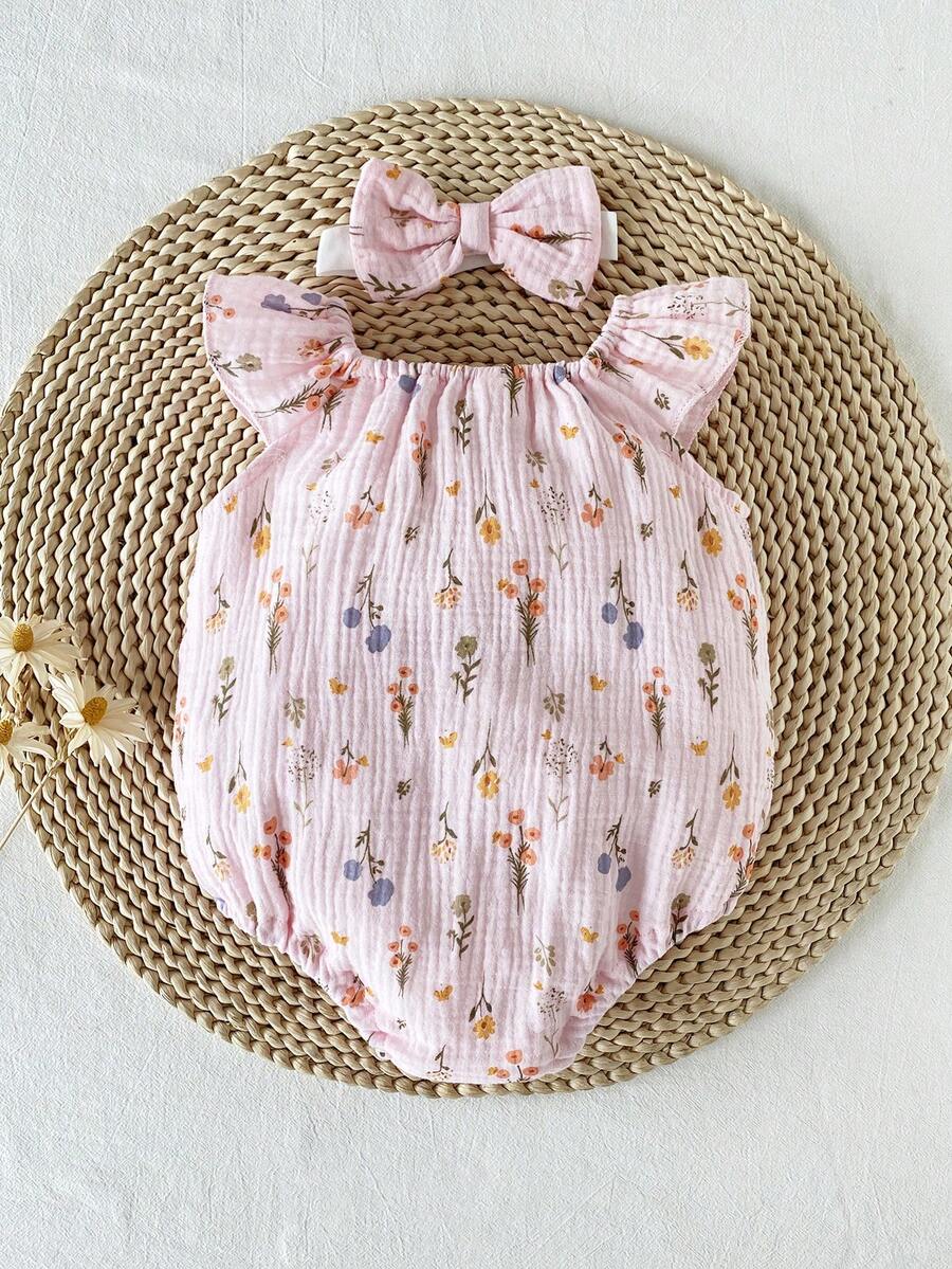 Baby Floral and Grass Print Ruffle Sleeve Romper with Headband for Summer Outings