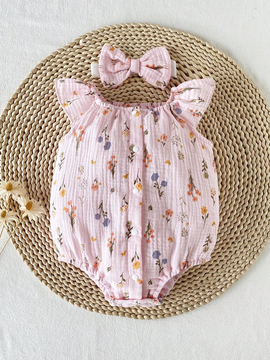 Baby Floral and Grass Print Ruffle Sleeve Romper with Headband for Summer Outings