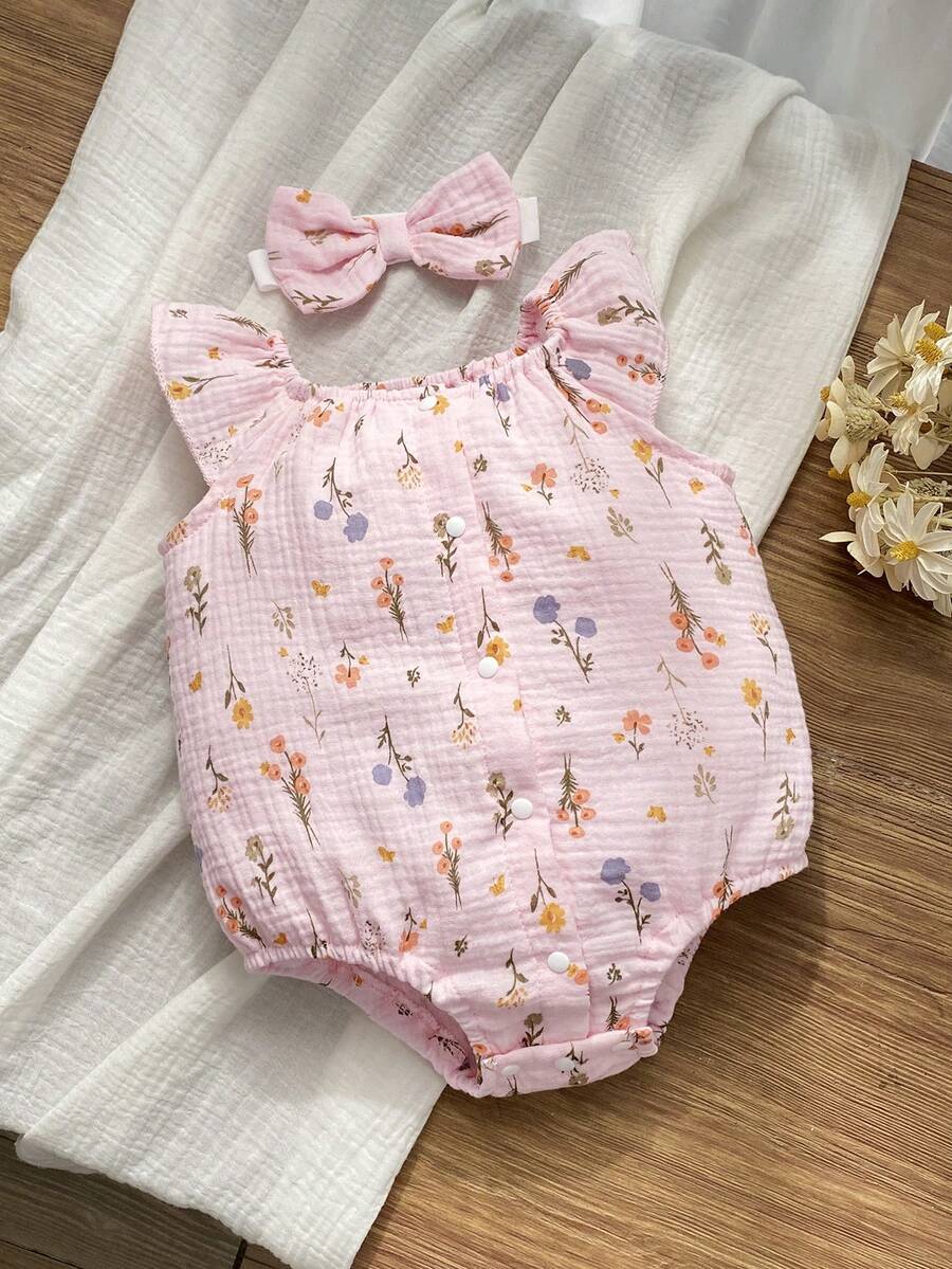 Baby Floral and Grass Print Ruffle Sleeve Romper with Headband for Summer Outings