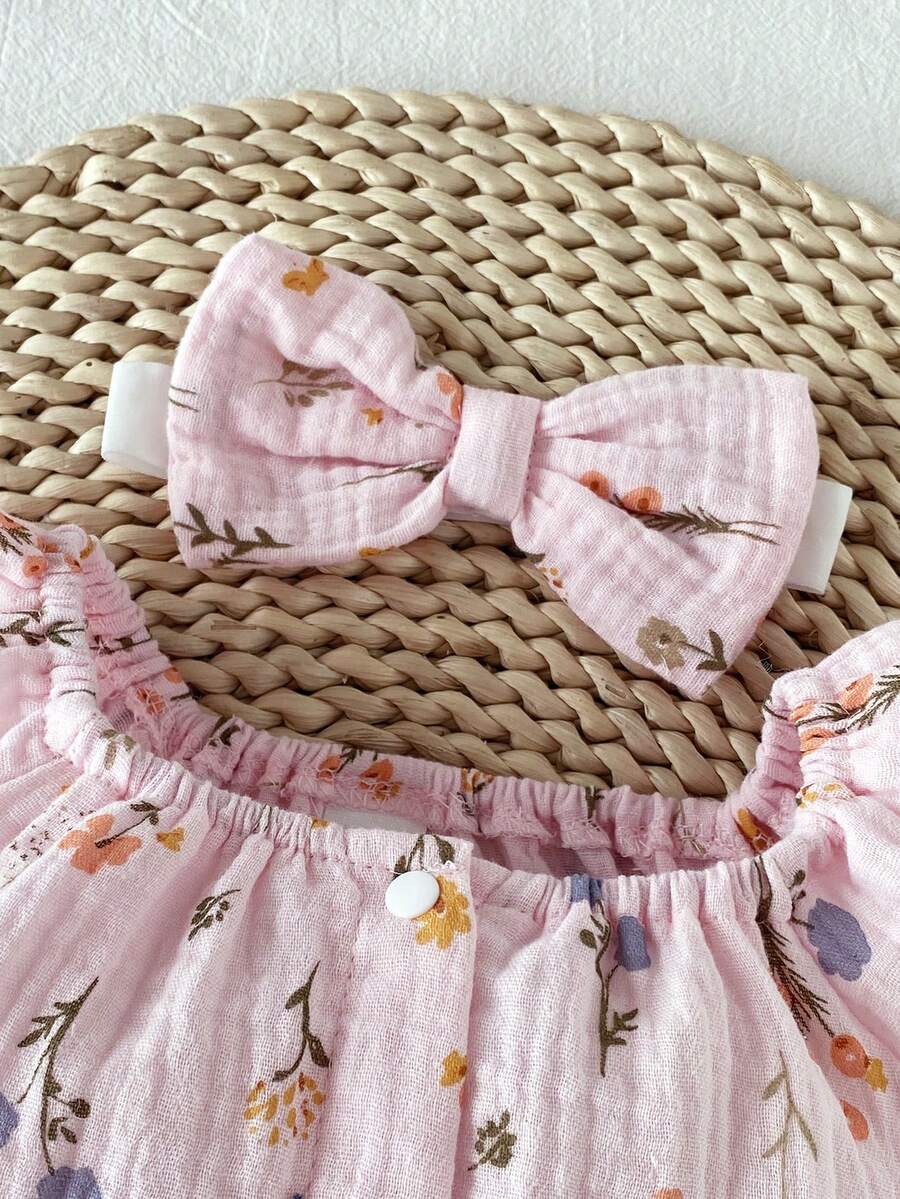 Lemon Print Ruffle Trim Bodysuit and Headband Set for Cute Summer Daily Wear