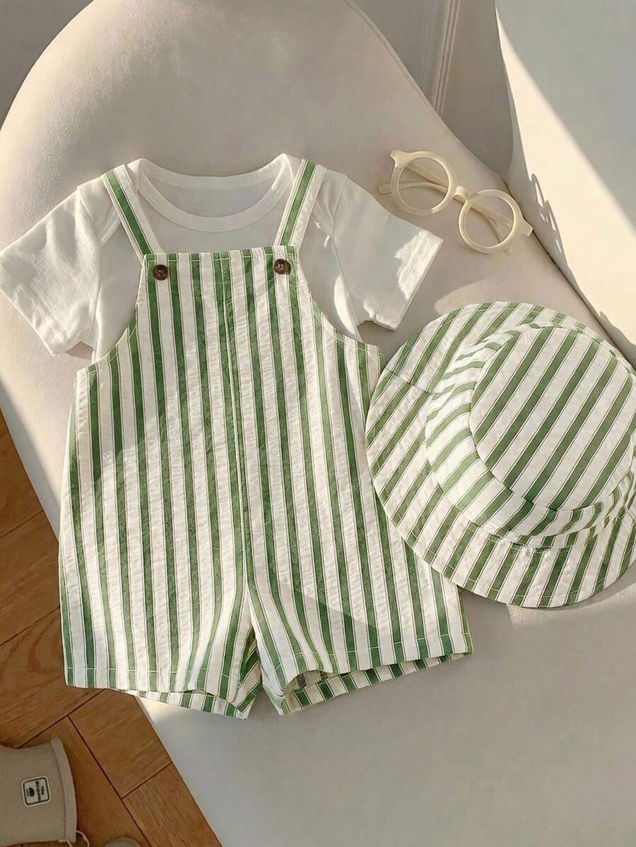 Baby Striped Bib Overalls and Bucket Hat 2 Piece Casual Summer Beach Outfit Set