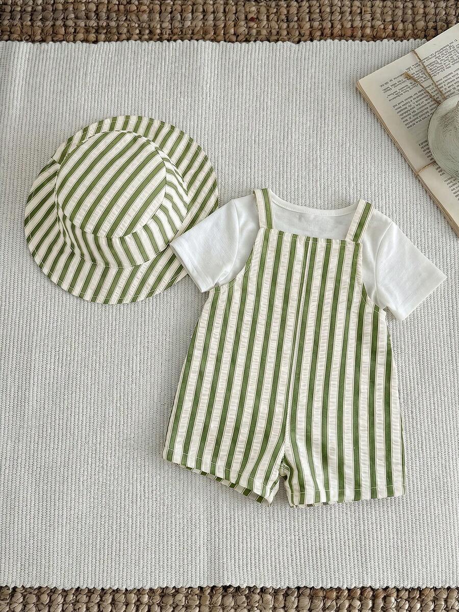 Baby Striped Bib Overalls and Bucket Hat 2 Piece Casual Summer Beach Outfit Set