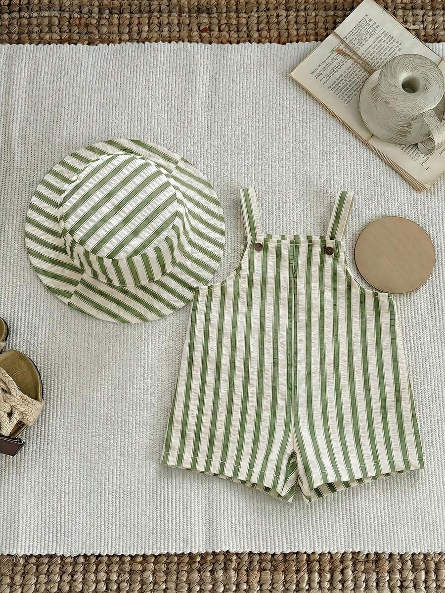 Baby Striped Bib Overalls and Bucket Hat 2 Piece Casual Summer Beach Outfit Set
