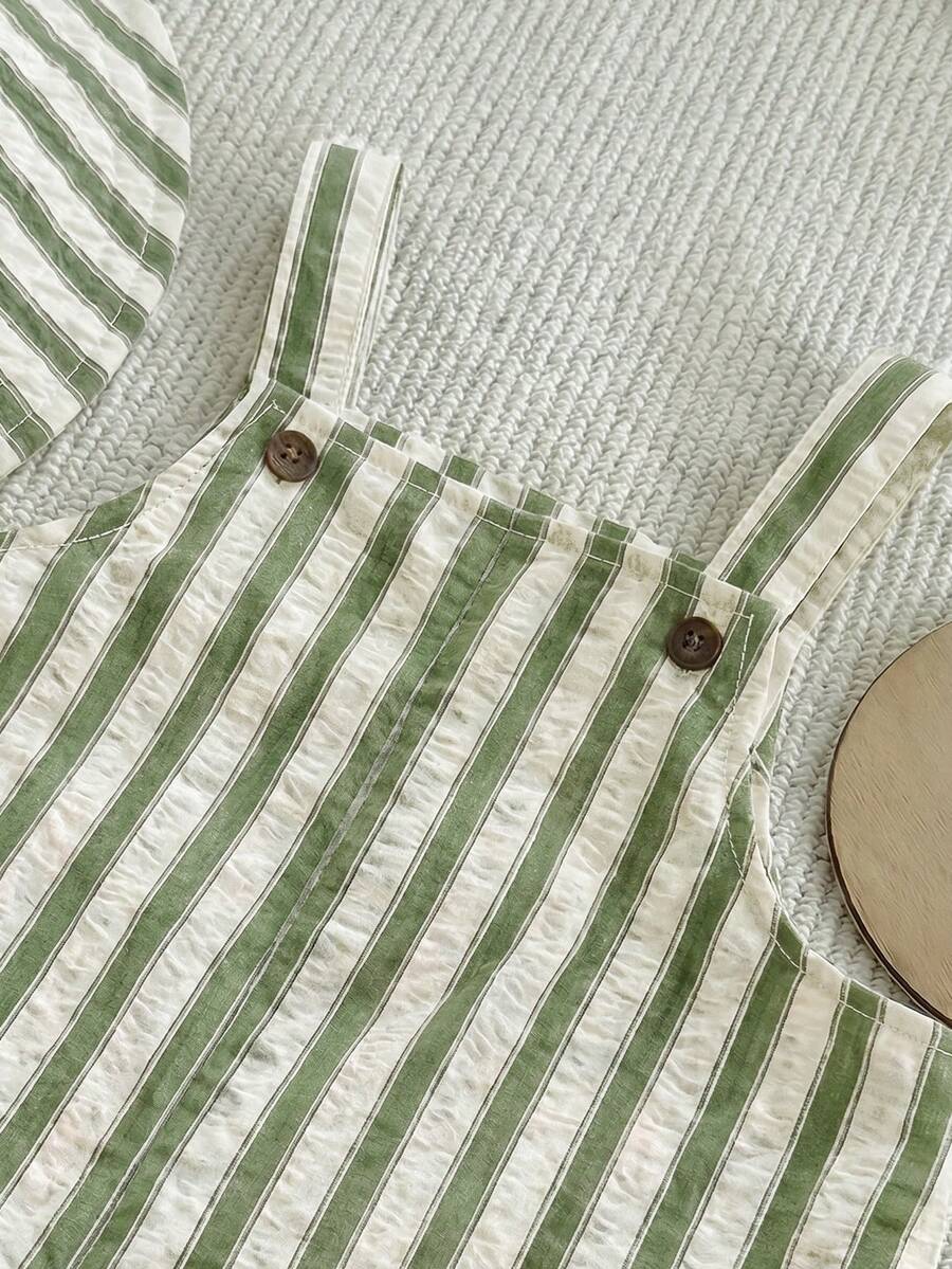 Baby Striped Bib Overalls and Bucket Hat 2 Piece Casual Summer Beach Outfit Set