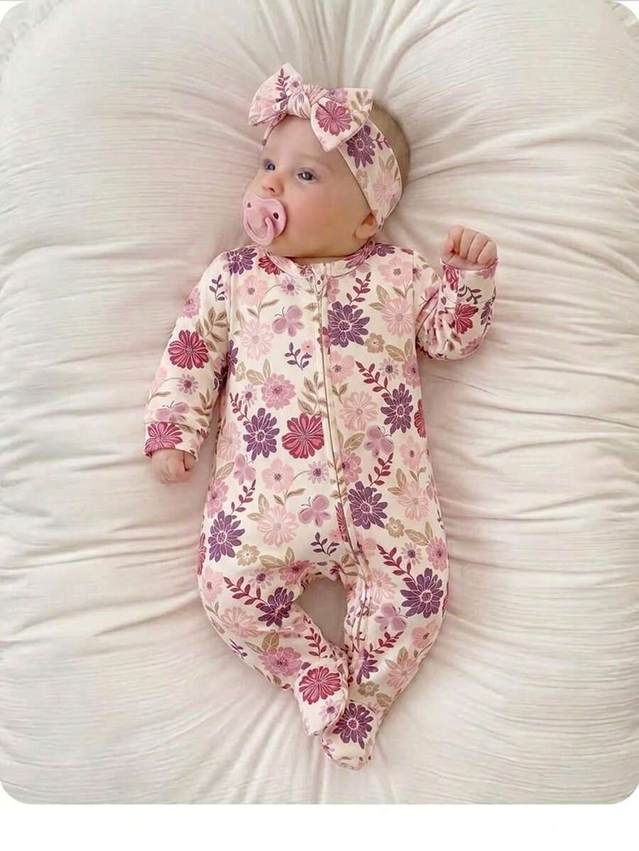 Floral Print Baby Girl Knit Romper with Long Sleeve Crew Neck Design