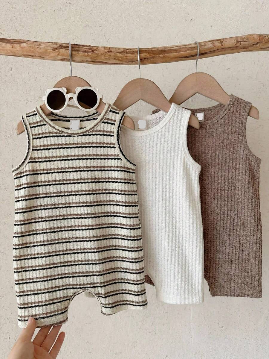 Unisex Baby Solid Color Soft Knit Sleeveless Romper 3 Piece Outfit Set