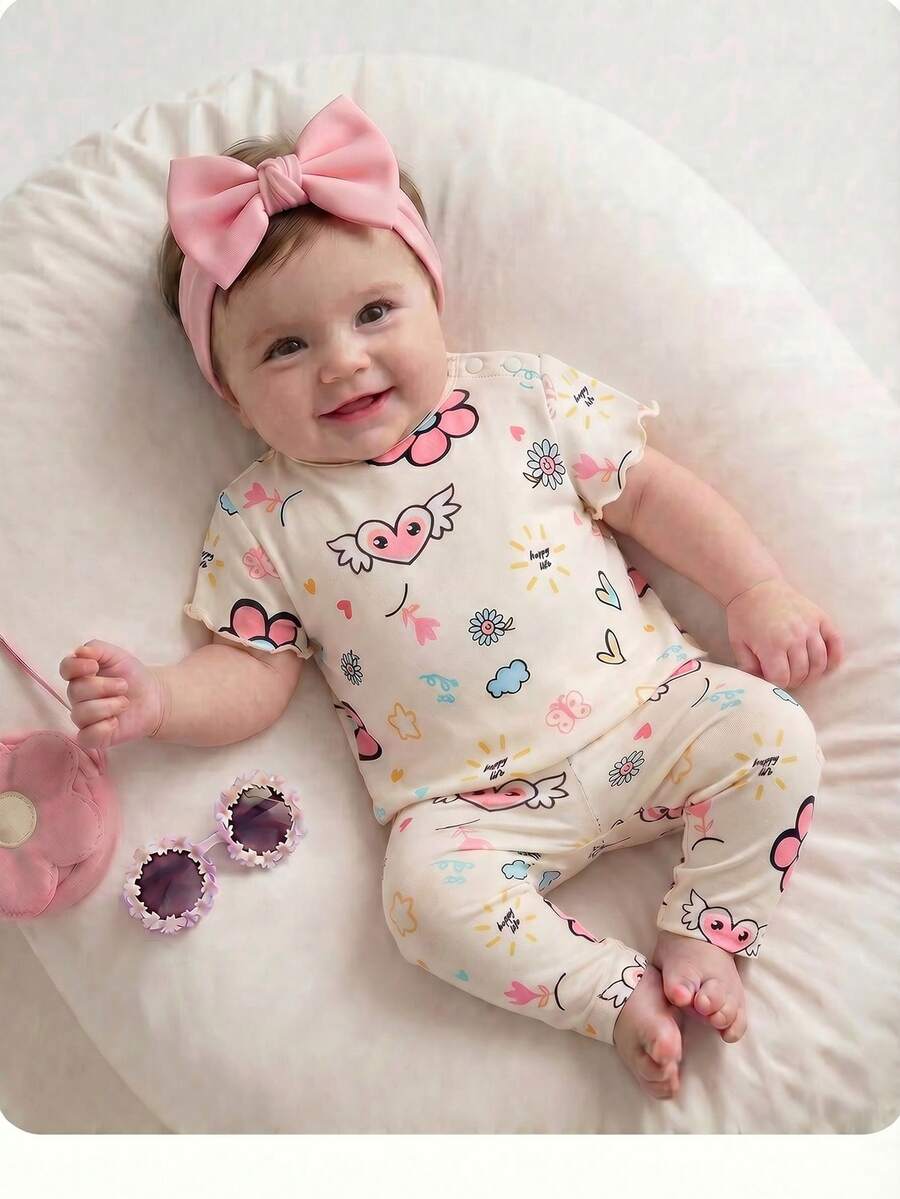2PCS Baby Daisy Print T-Shirt and Shorts Set for Summer Daily Wear