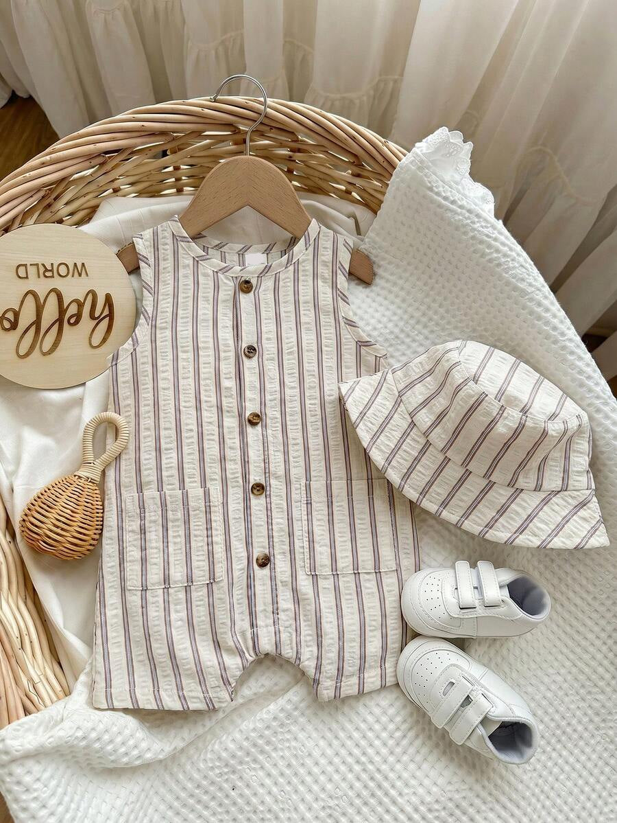 Baby Boy White Sleeveless Romper with Pockets Casual Short Jumpsuit for Everyday Wear