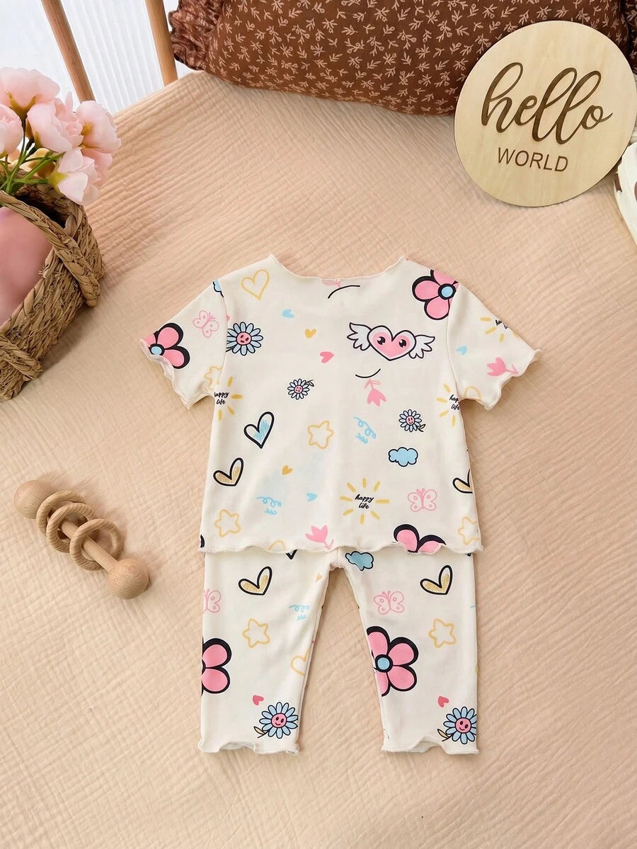2PCS Baby Daisy Print T-Shirt and Shorts Set for Summer Daily Wear