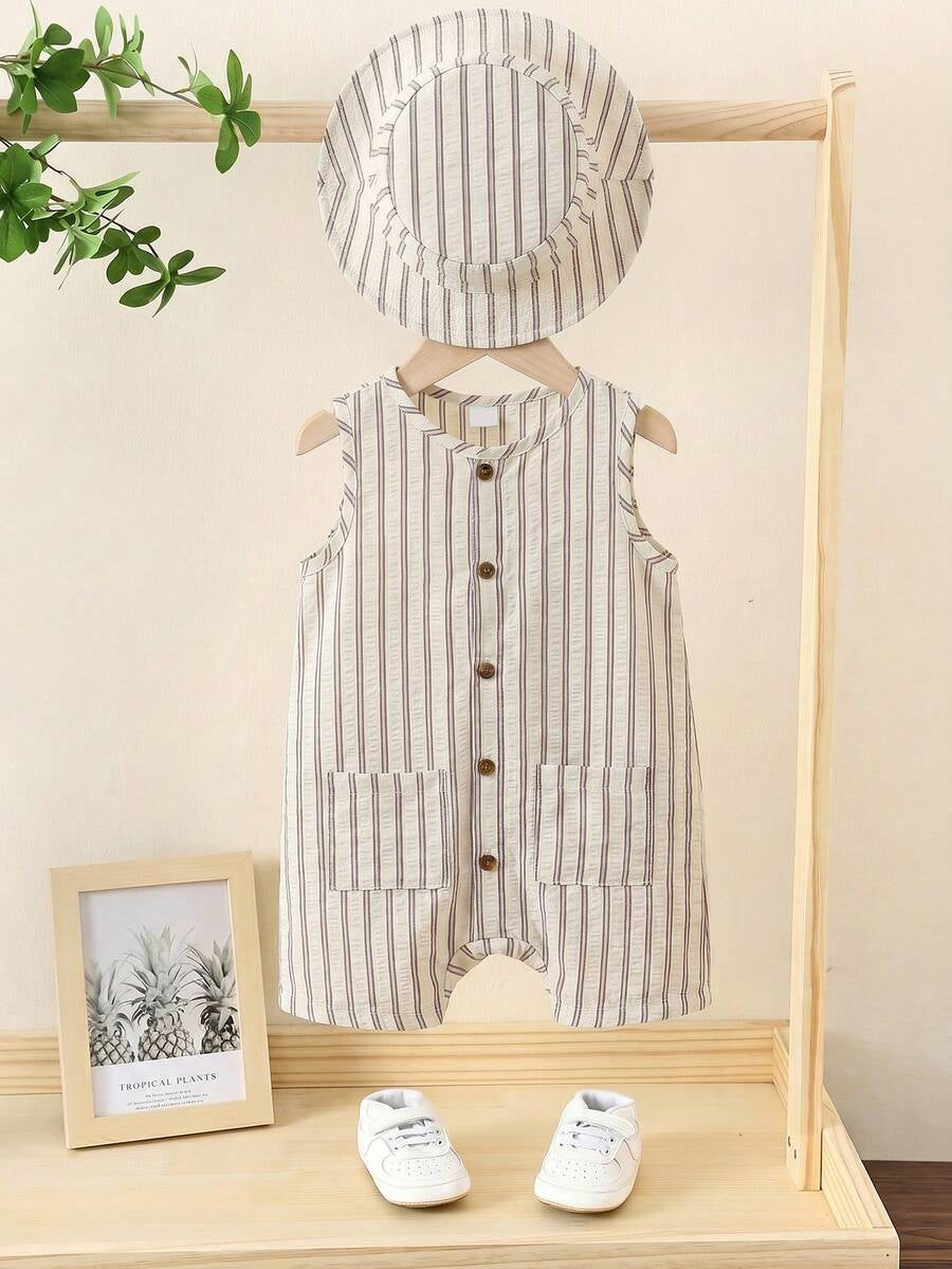 Baby Boy White Sleeveless Romper with Pockets Casual Short Jumpsuit for Everyday Wear