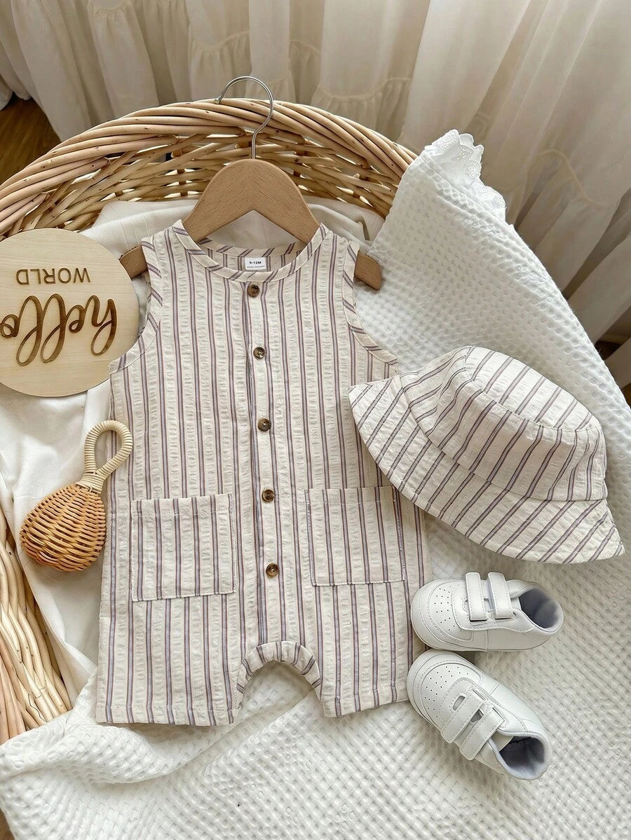 Baby Boy White Sleeveless Romper with Pockets Casual Short Jumpsuit for Everyday Wear