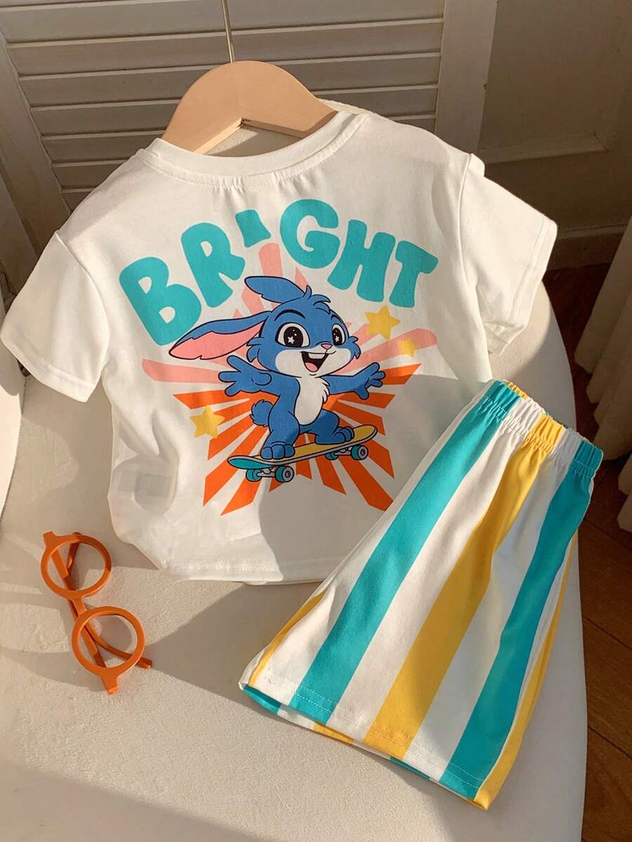 Baby Boy Animal Crayon Print T Shirt and Knitted Shorts 2 Piece Casual Spring Summer Outfit Set