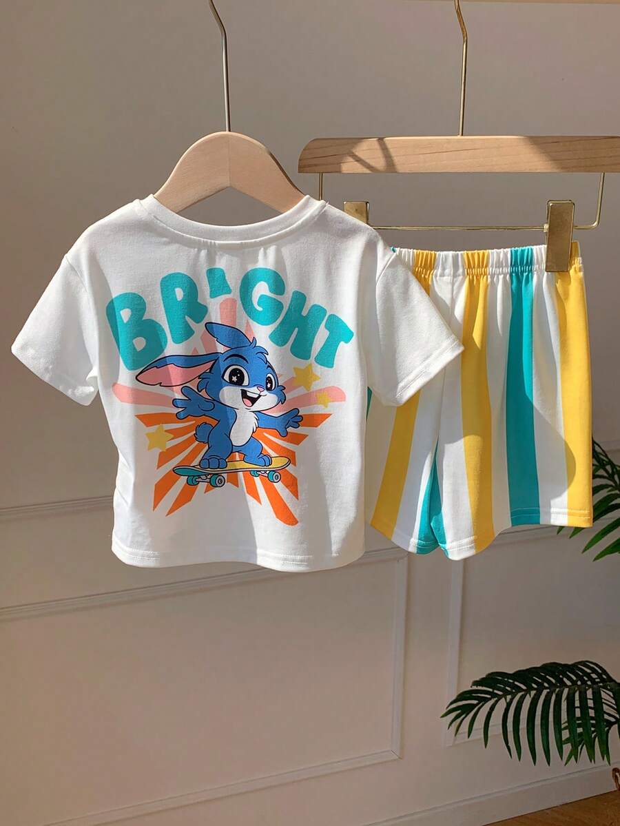 Baby Boy Animal Crayon Print T Shirt and Knitted Shorts 2 Piece Casual Spring Summer Outfit Set