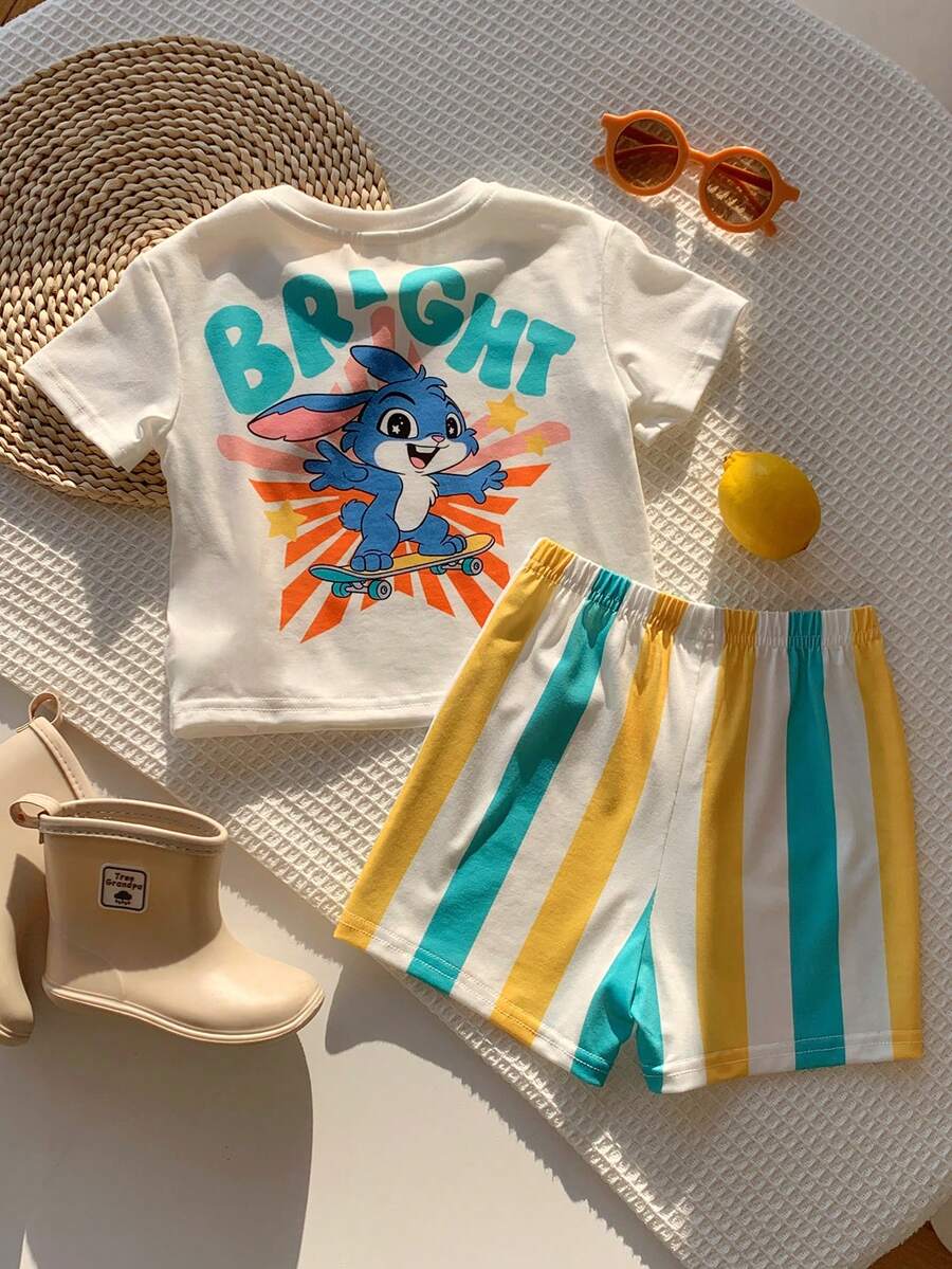 Baby Boy Animal Crayon Print T Shirt and Knitted Shorts 2 Piece Casual Spring Summer Outfit Set