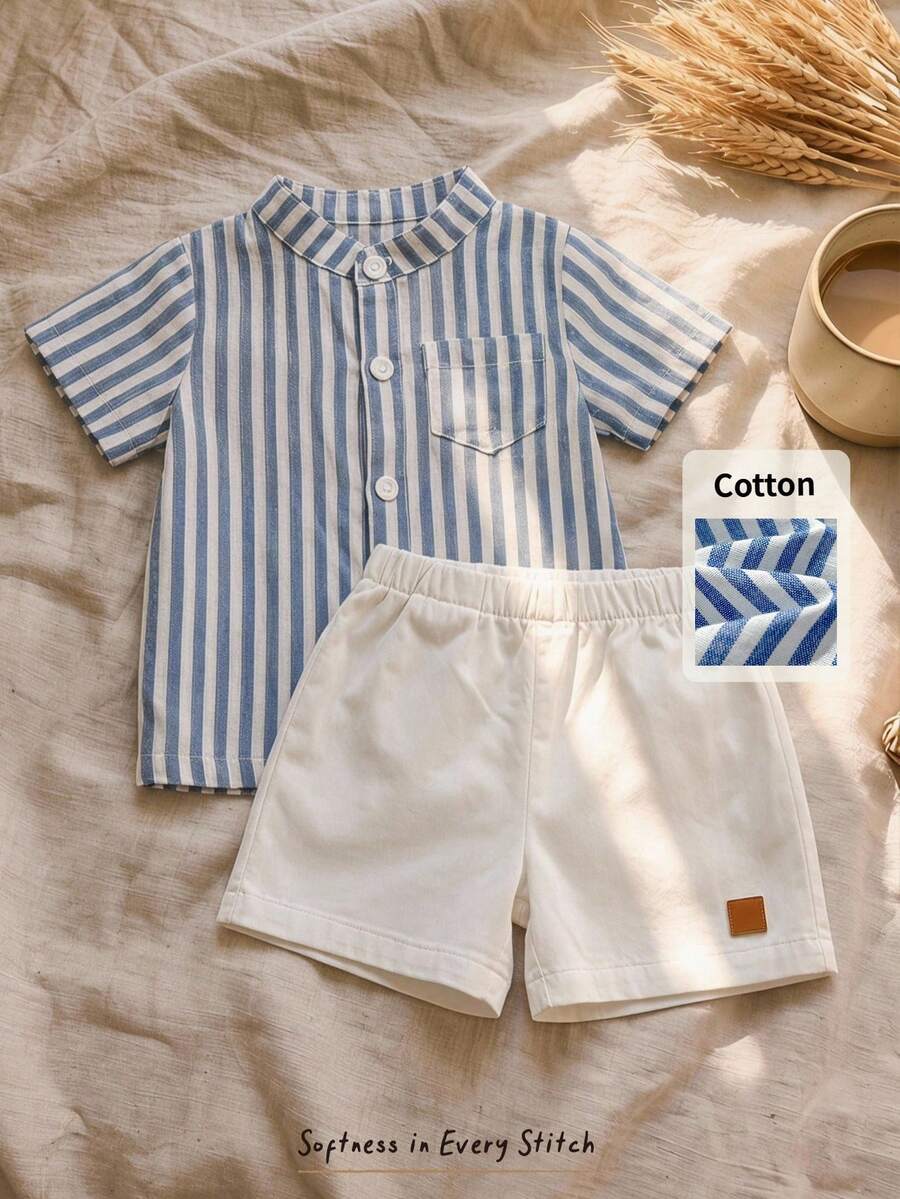 Striped Short Sleeve Shirt and Elastic Waist Shorts Set for Cute Summer Daily Wear