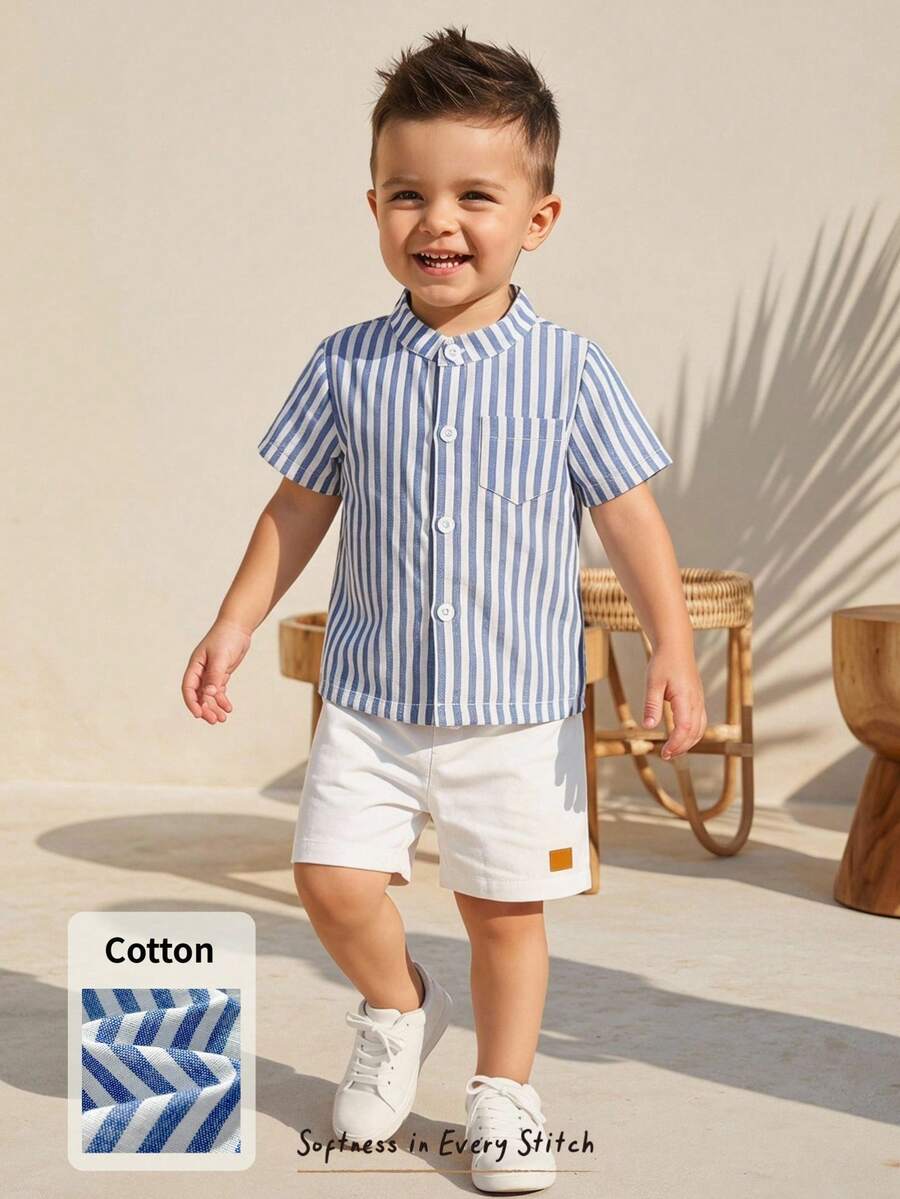 Striped Short Sleeve Shirt and Elastic Waist Shorts Set for Cute Summer Daily Wear