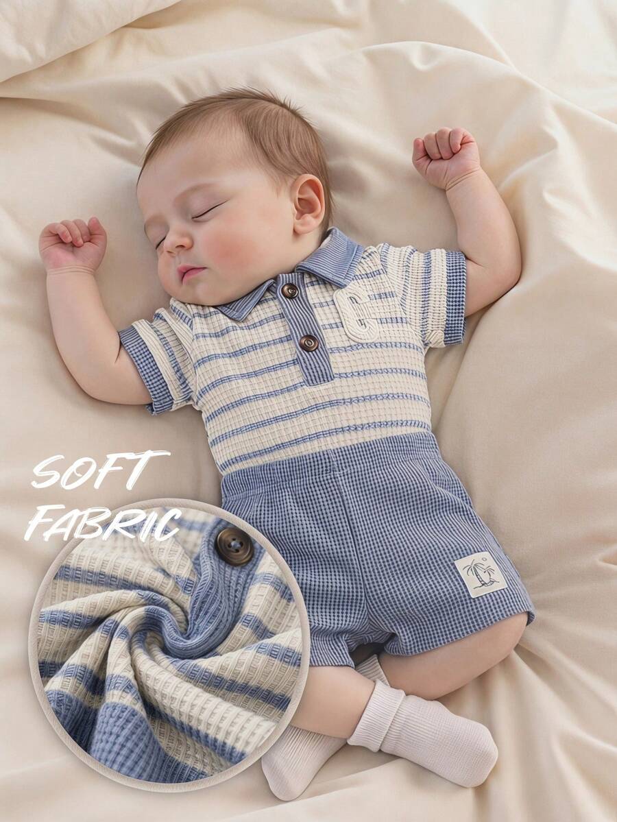 Baby Boys Colorblock Polo Collar Bodysuit and Shorts Set for Casual Summer Wear