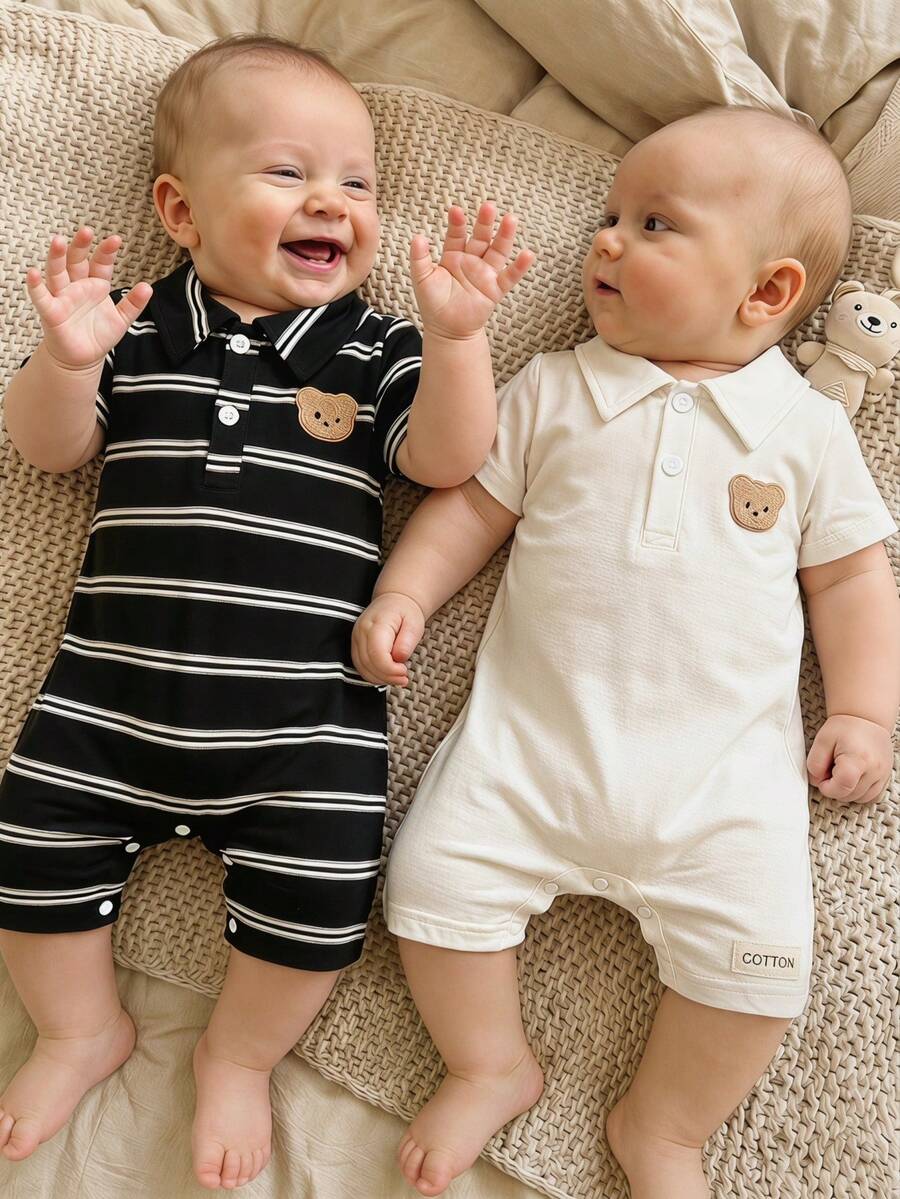 2PCS Baby Color Block Stripe Collared Romper and Shorts Set for Casual Daily Wear
